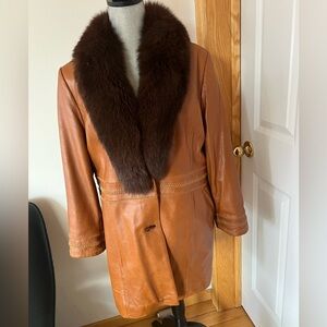 Fox FUR leather Brown Jacket With Real Fur Trim Collar Women’s Size XL 🏙️